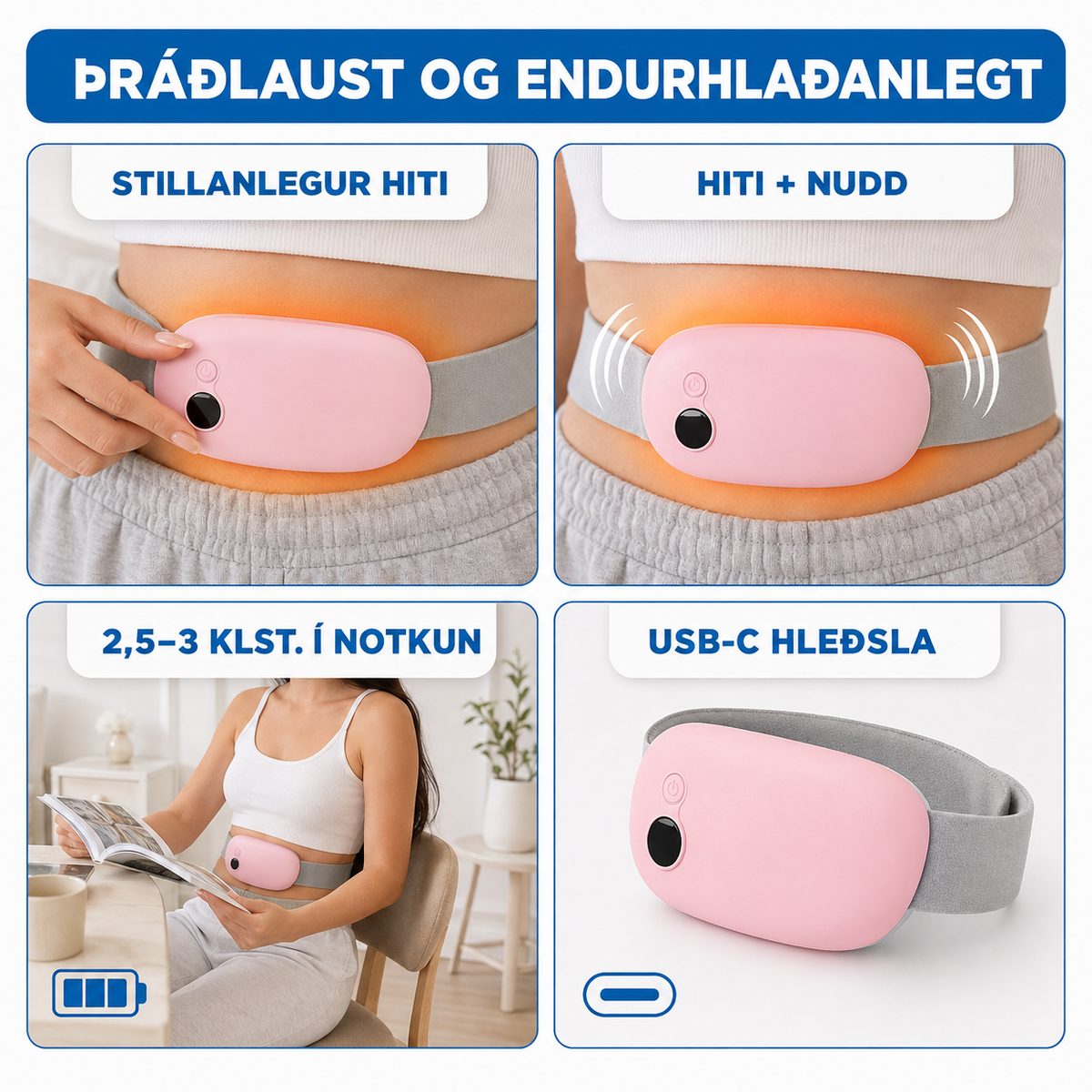 Hita- og nuddtæki gegn tíðarverkjum – þráðlaust og endurhlaðanlegt