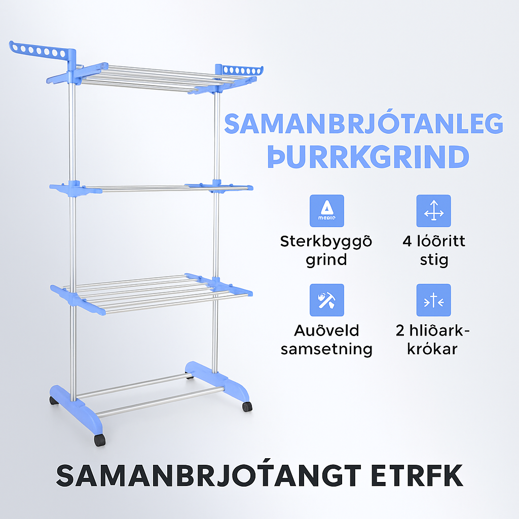 Samanbrjótanlegur Lóðréttur Þvottasnagi – Rúmgóður, Endingargóður og Plásssparandi fyrir Heimilið ( forsala 5-15 virkir dagar )