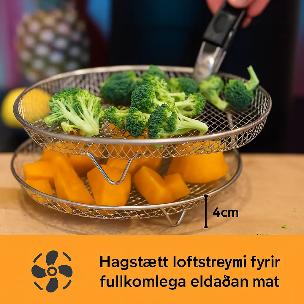Fjölhæft Stálkorbasett fyrir Loftsteikingarofn – 3 Korb, 2 Klípur & Uppskriftabók Snjall Tæki
