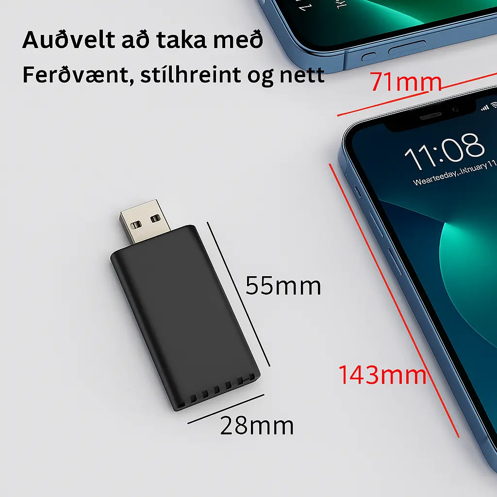 Þráðlaus CarPlay USB A/C Tengibúnaður – Fljótleg og Auðveld Tenging í Bílnum Snjall Tæki