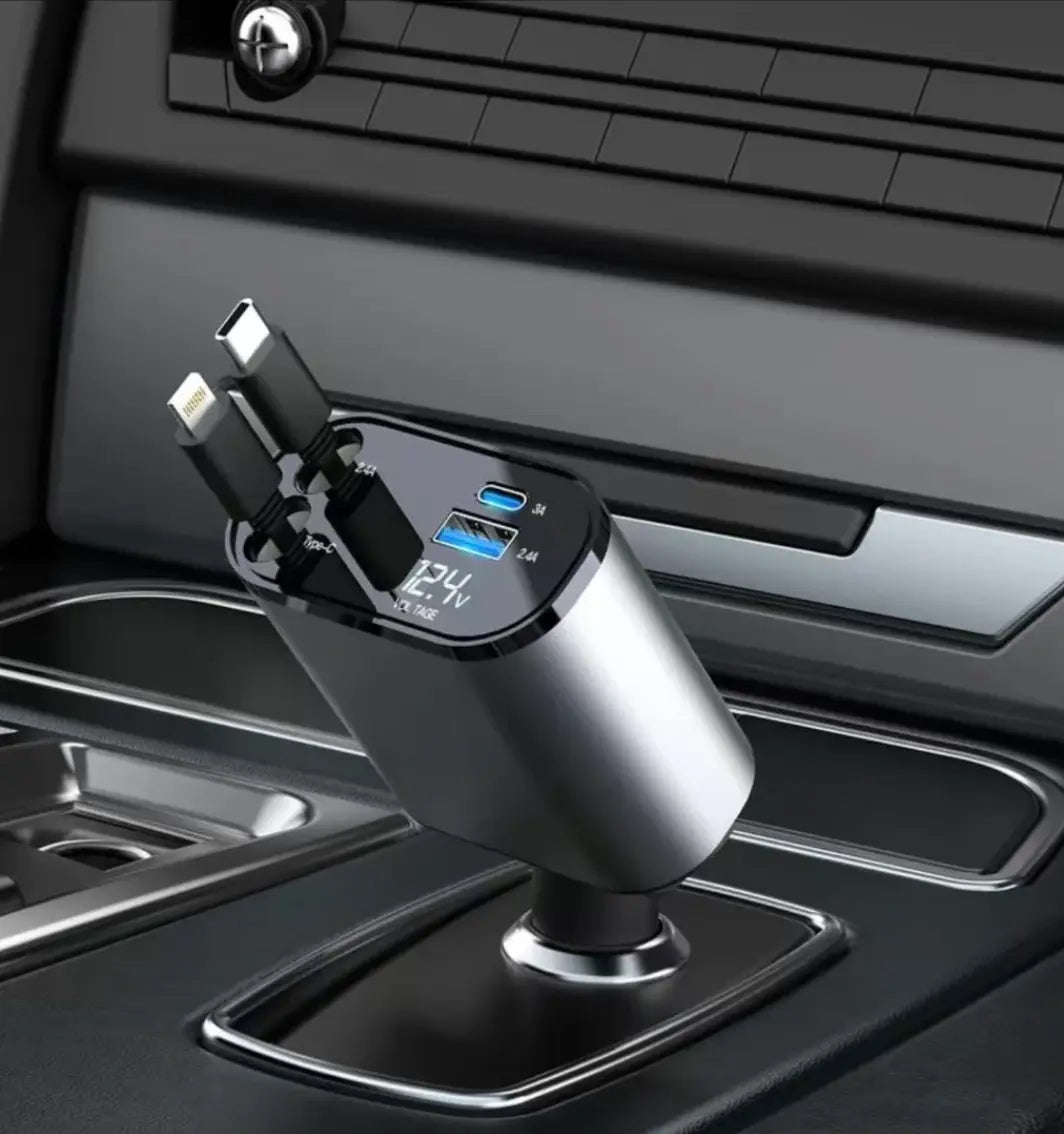 4 Í 1 Útdraganlegt Bílahleðslutæki Með Skjá / Hraðhleðsla - Snjall Tæki