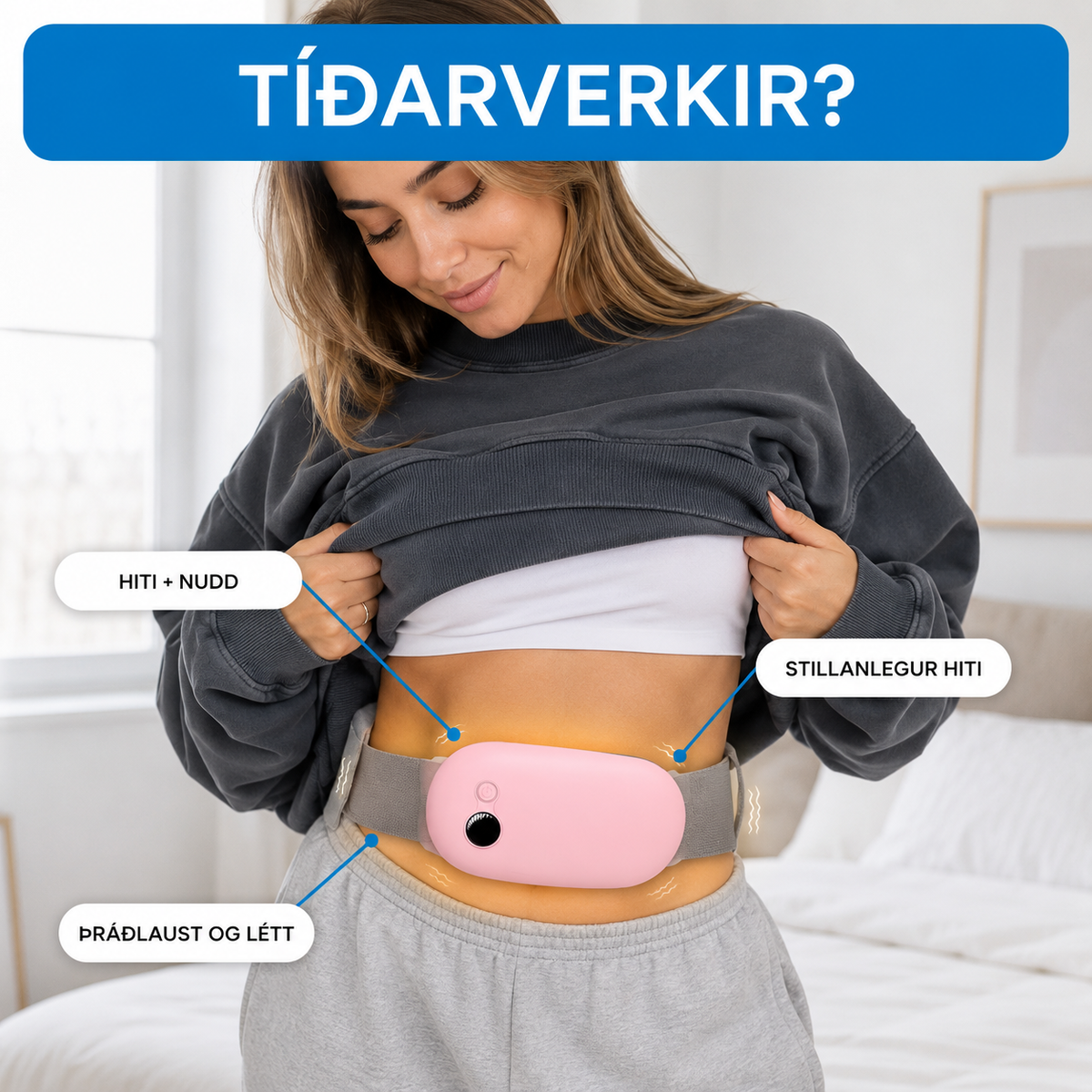 Hita- og nuddtæki gegn tíðarverkjum – þráðlaust og endurhlaðanlegt