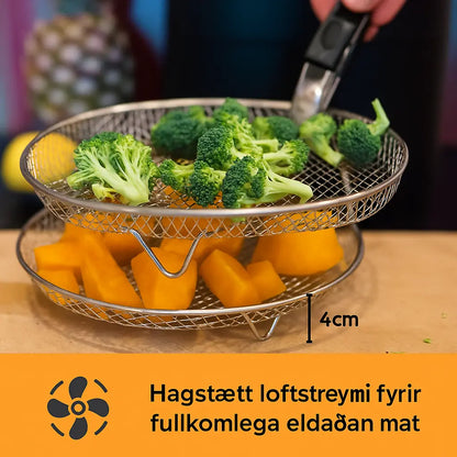 Fjölhæft Stálkorbasett fyrir Loftsteikingarofn – 3 Korb, 2 Klípur & Uppskriftabók Snjall Tæki