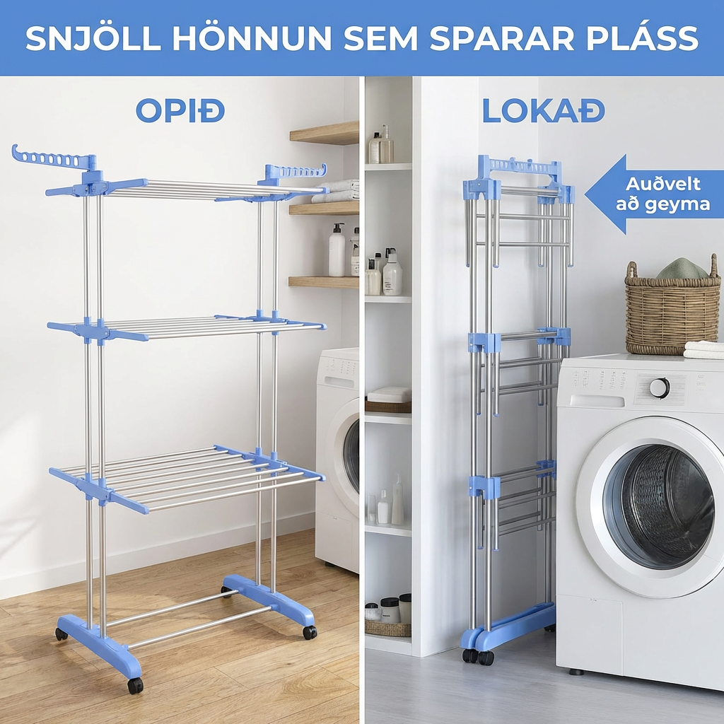 Samanbrjótanlegur Fatahengi Þvottasnagi – Rúmgóður, Endingargóður og Plásssparandi fyrir Heimilið